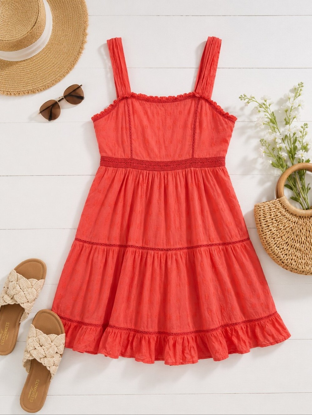 AMERICAN EAGLE Coral Tiered Sundress with Ruffled Hem - Picture 2 of 11